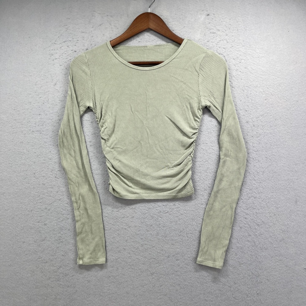 Alo Yoga Top Womens Medium Green Gathered Long Sleeve Ribbed Yoga Athleisure